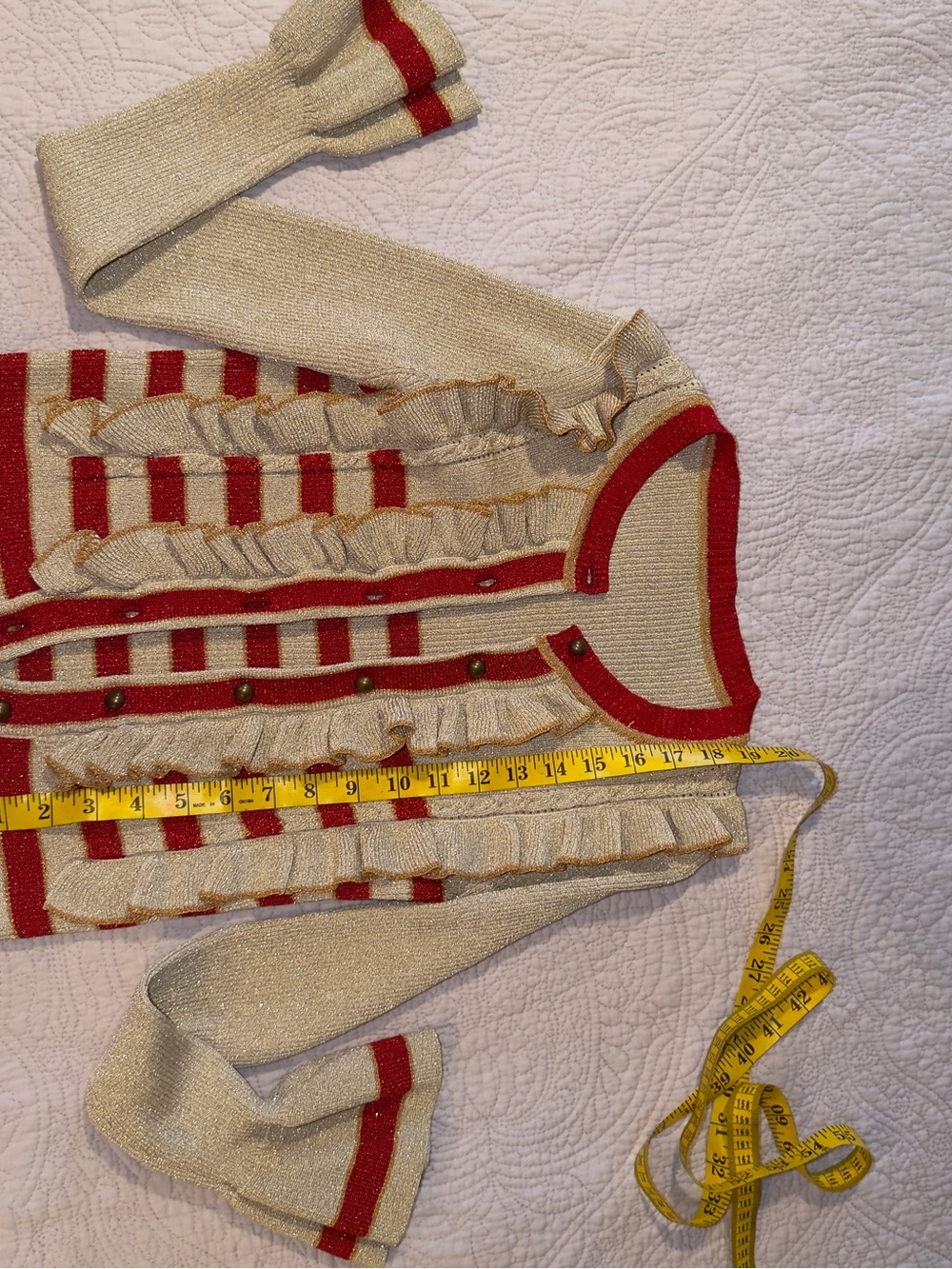 Cream & Red Ruffle-Trim Knit Cardigan
